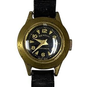 Genova Antimagnetic Gold Tone Black Dial Swiss Made Watch w/ Black Leather Band
